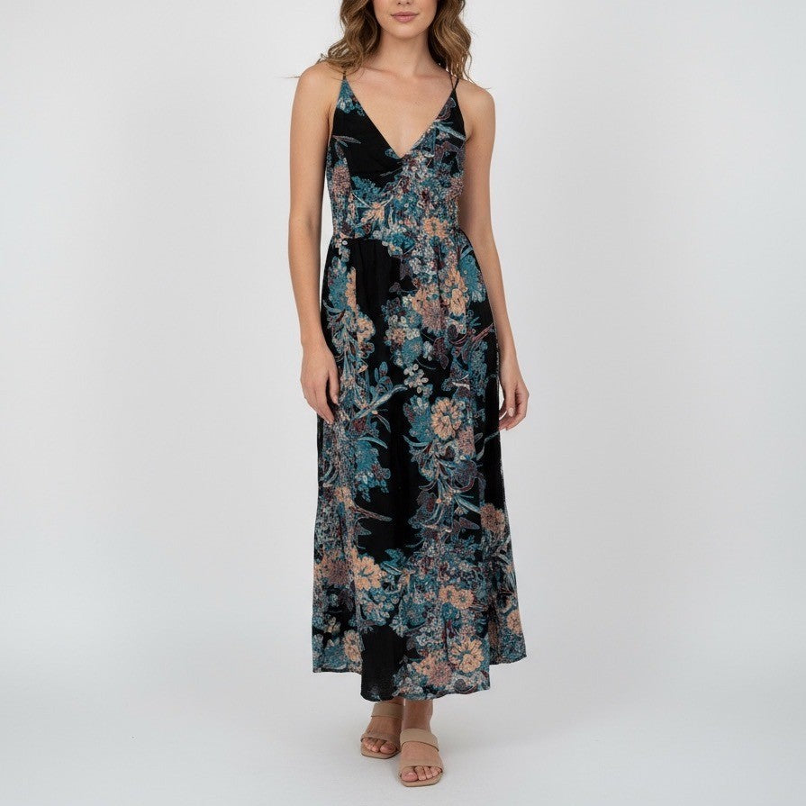 Free People Intimately Black Floral Maxi Dress Spaghetti Strap V Neck S