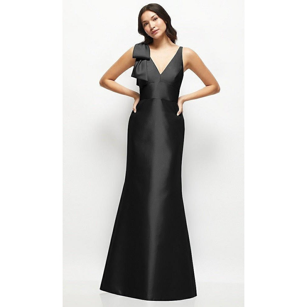 Alfred Sung Deep V-Back Satin Trumpet Dress With Cascading Bow At On Shoulder