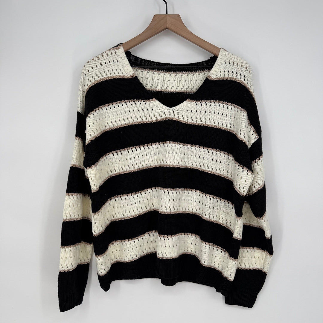 Striped Open Knit Sweater V Neck Black Cream Lightweight Size L