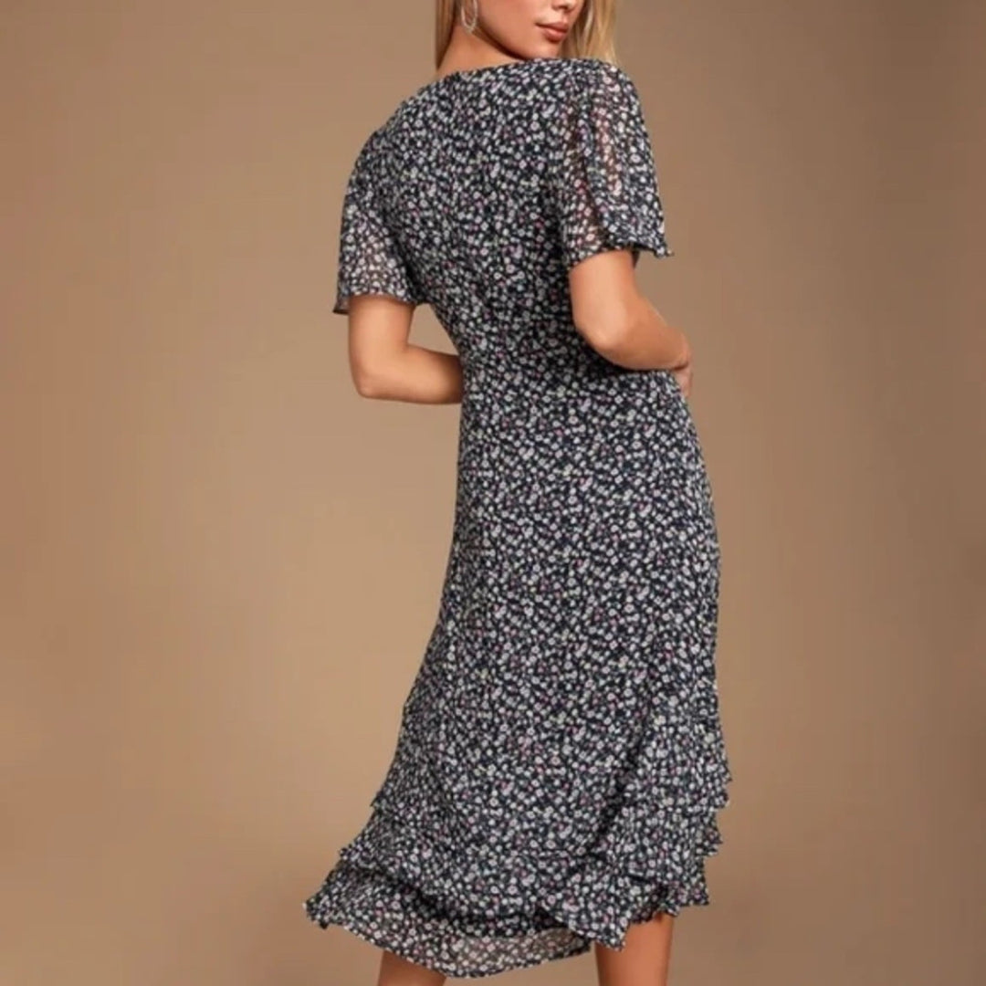 Lulus Renee Navy Blue Floral Print Ruffled Lace-Up Midi Dress Size XS