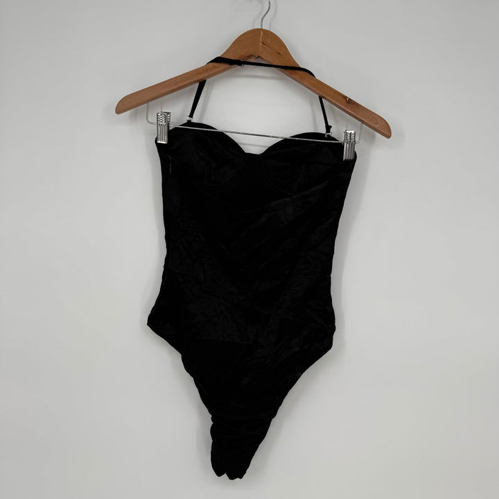ZARA Black Satin Bustier Bodysuit Halter Neck Corset Style XS
