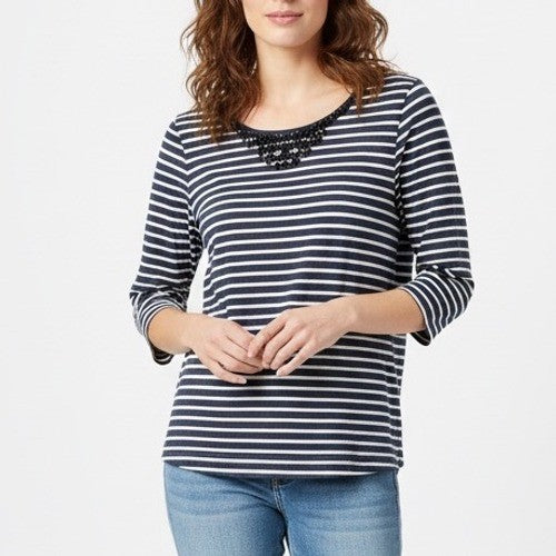 J Crew Striped 3/4 Sleeve Top Embellished Neck Navy White Size Medium