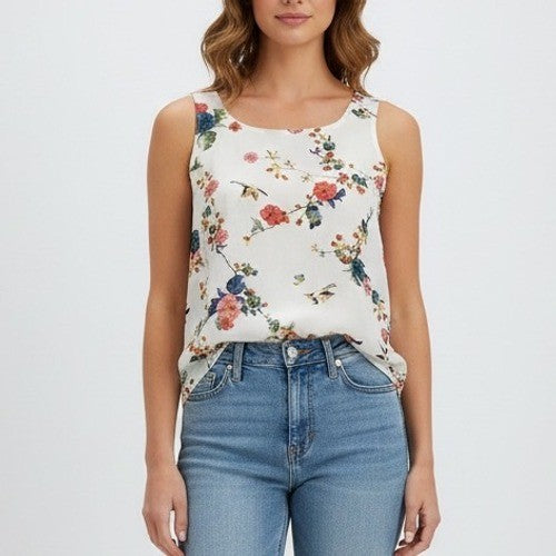 Lovecappella Cream Floral Bird Print Sleeveless Tank Top XS