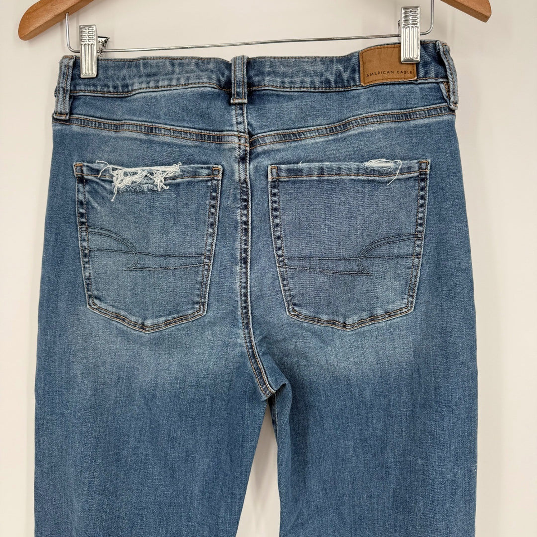 American Eagle Flared Distressed Jeans Blue Denim Next Level Stretch Size 4