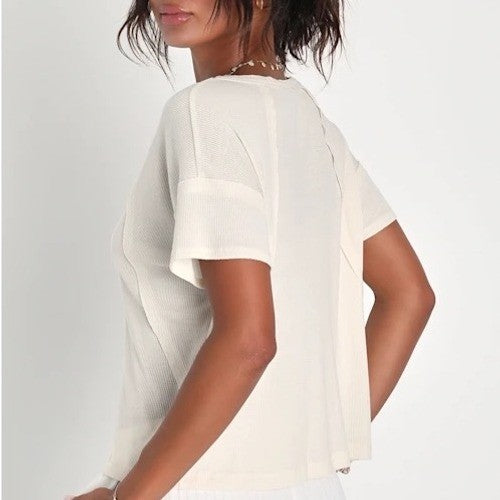 Lulus Cream Ribbed V Neck Dolman Sleeve T Shirt Top XS