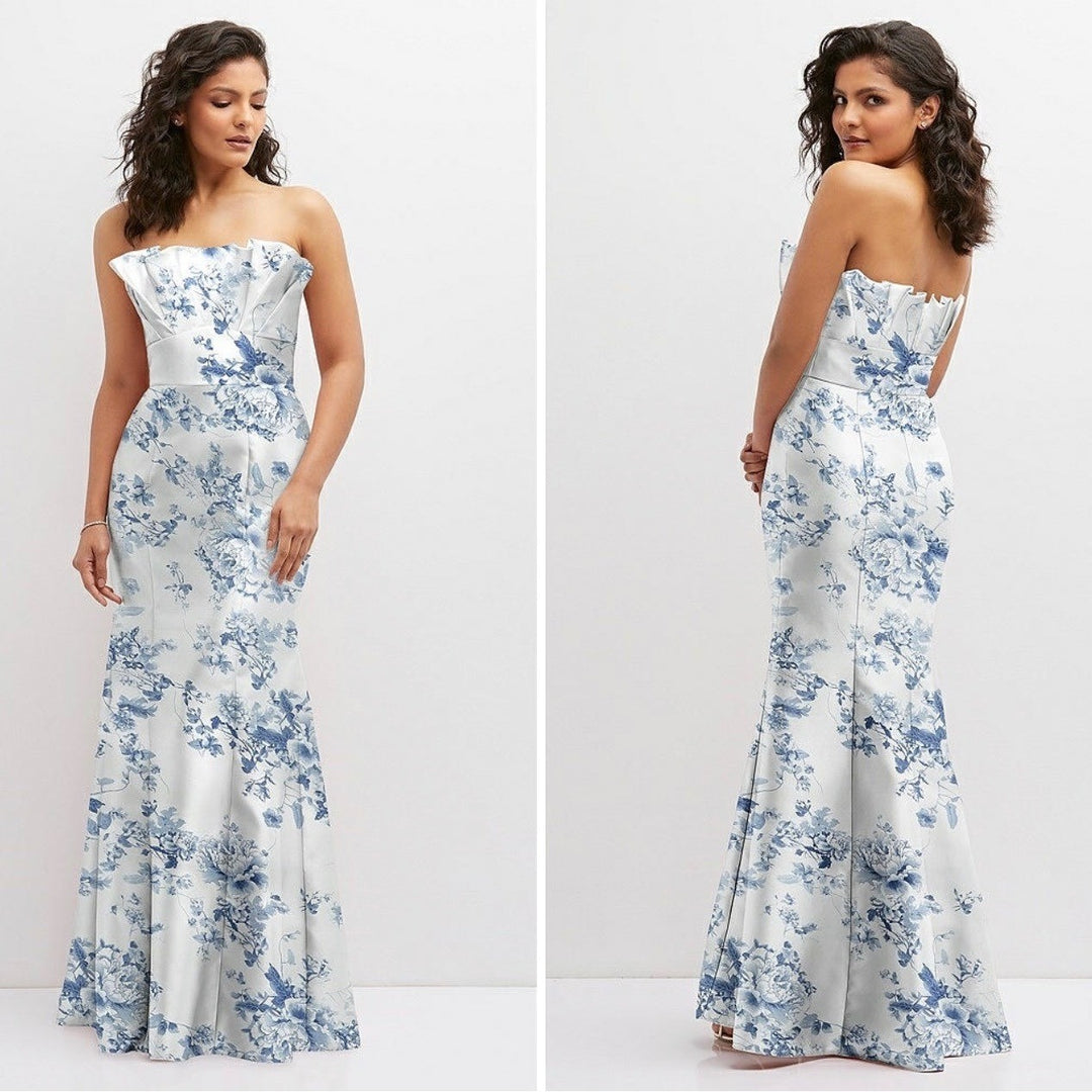 Alfred Sung Floral Strapless Satin Fit And Flare Dress With Cumbcatcher Bodice