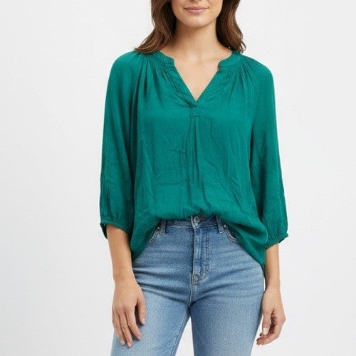 Crown Ivy Teal Green Textured Gathered Neck 3/4 Sleeve Blouse Top Size S