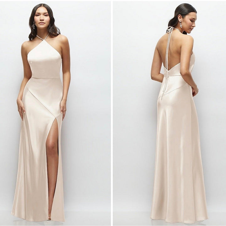 Lovely new beige satin halter bias cut asymmetric flowy maxi dress size L