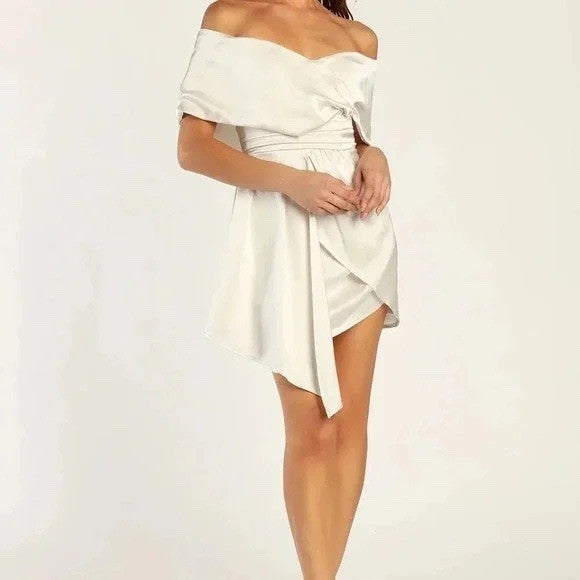 Lulus Always Celebrating Ivory Satin Off-The-Shoulder Mini Dress Size M