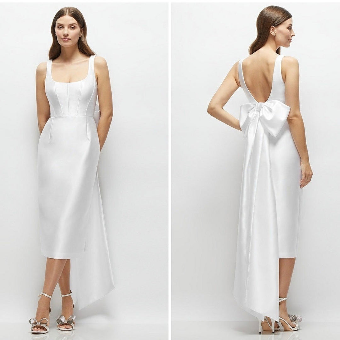 Alfred Sung Scoop Neck Corset Satin Midi Dress With Floor-Length Bow Tails White