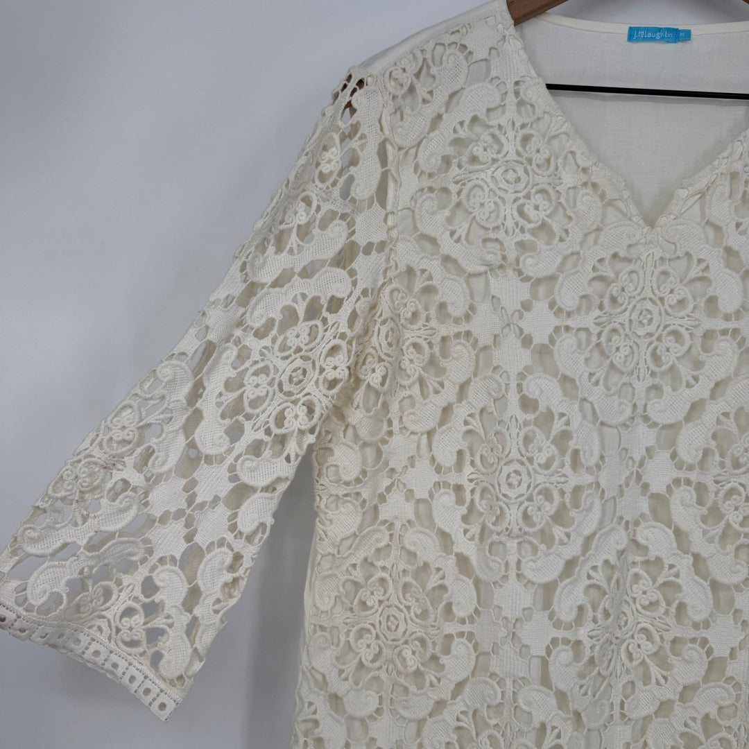 J.McLaughlin Ivory Lace Tunic Top Cotton Blend V-Neck Womens Medium