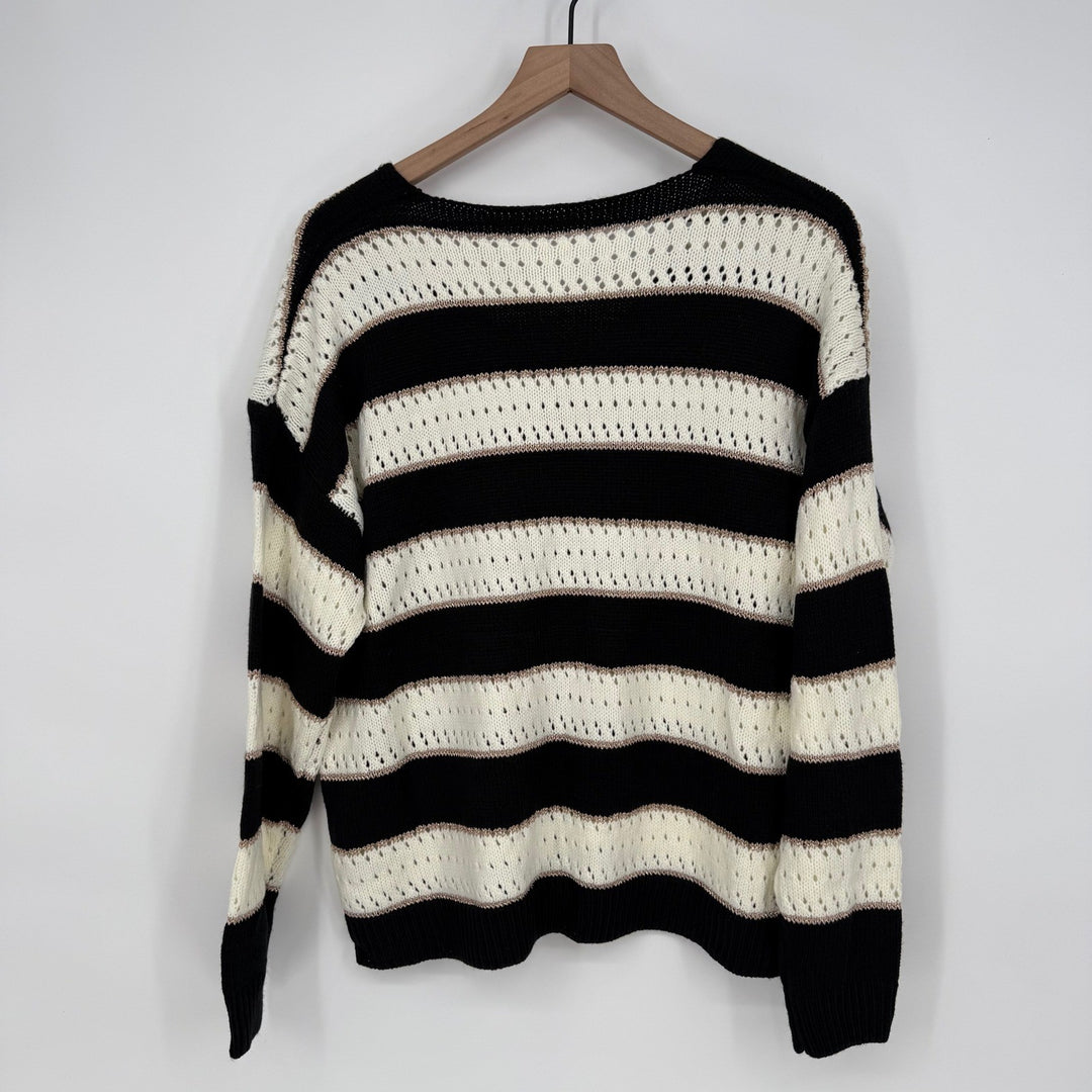 Striped Open Knit Sweater V Neck Black Cream Lightweight Size L