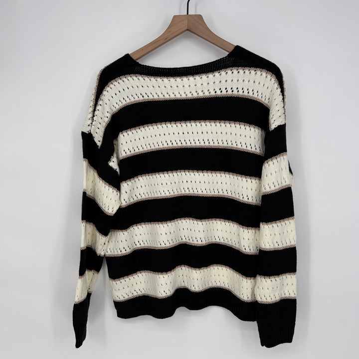 Striped Open Knit Sweater V Neck Black Cream Lightweight Size L