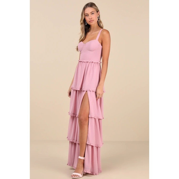 Lulus Sophisticated Occasion Pink Bustier Lace-Up Maxi Dress Size S