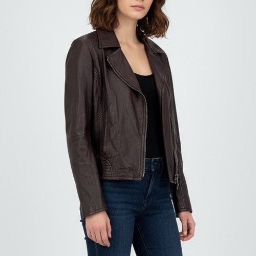 Weekend Max Mara Womens Leather Moto Jacket Burgundy Asymmetrical Zip Moto Style