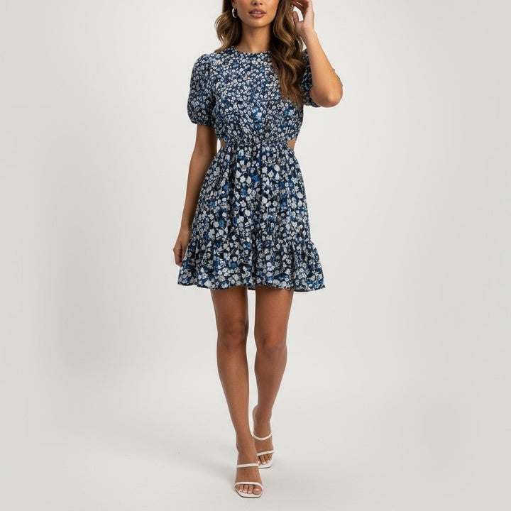 French Connection Floral Cutout Ruffle Dress Navy Blue XS 4 Puff Sleeve