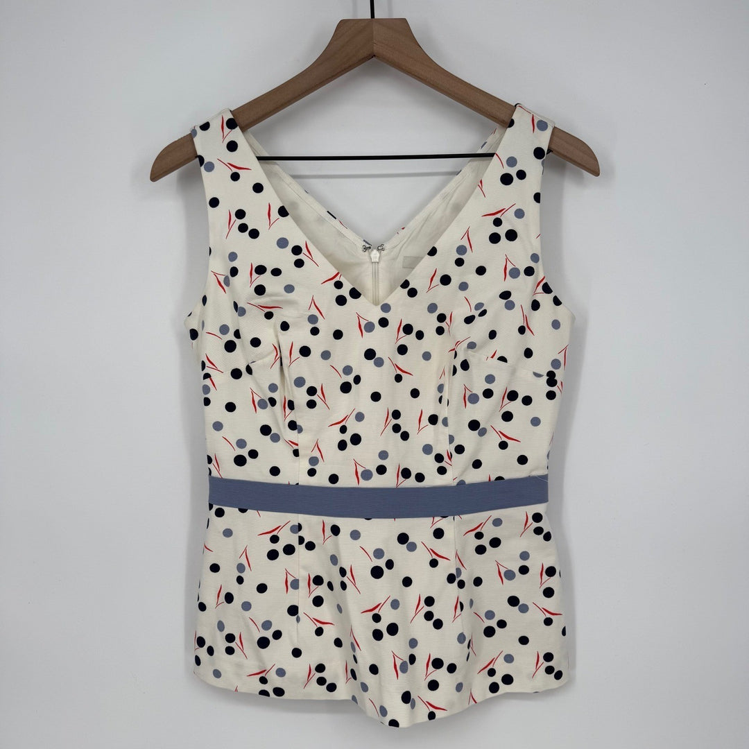 Boden Sinead Fitted Sleeveless Top Polka Dot Print Blouse Ivory Blue Red Size 4
