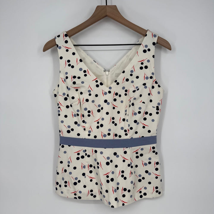 Boden Sinead Fitted Sleeveless Top Polka Dot Print Blouse Ivory Blue Red Size 4