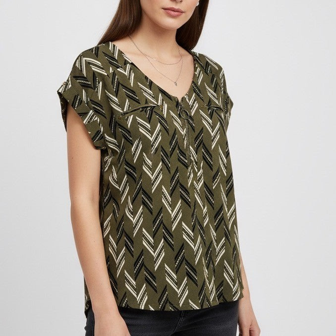 Flower & Feather Olive Green Geometric Print Top Blouse Zipper Detail Size S