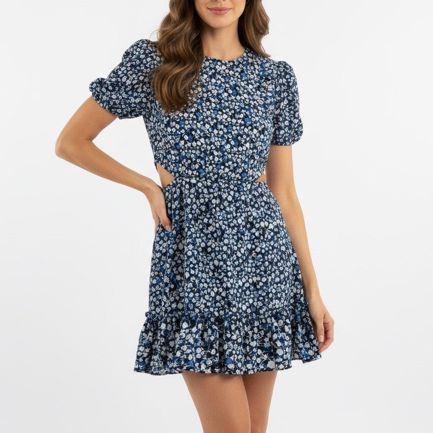 French Connection Floral Cutout Ruffle Dress Navy Blue XS 4 Puff Sleeve