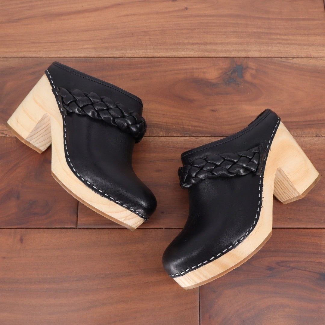Dolce Vita Hila Leather Clog Mules Black Braided Chunky Heel Size 6.5