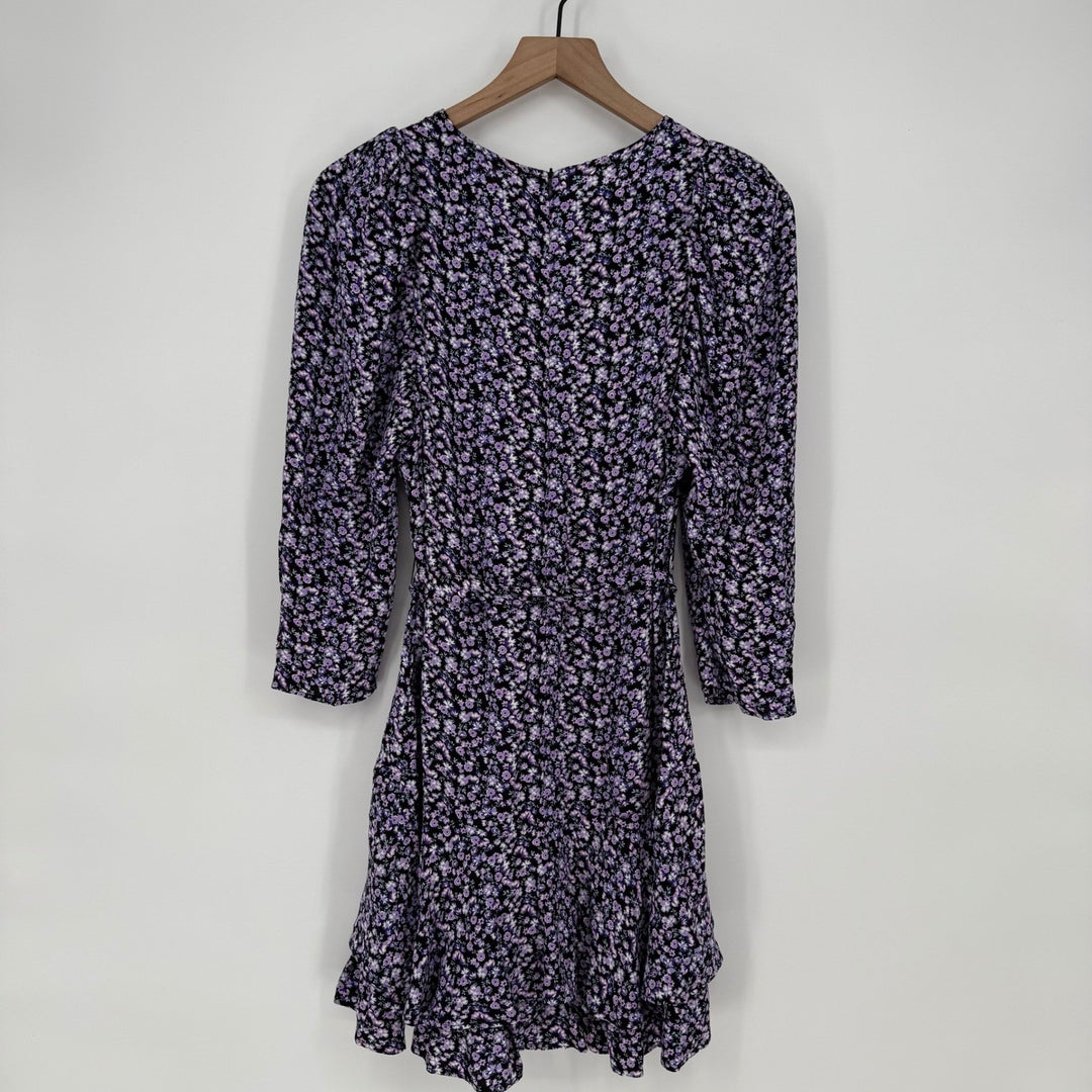 ZARA Floral Print Long Sleeve Wrap Dress Purple Black Size S