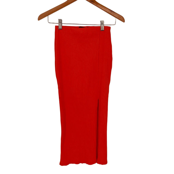 Lulus Ribbed Knit Midi Skirt with Side Slit Red Size Small