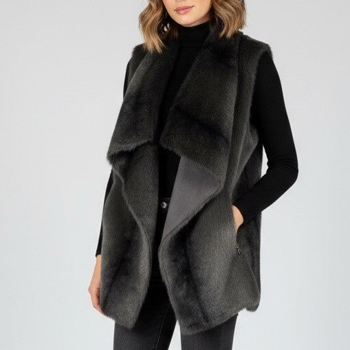 Kenneth Cole The Remy Vest Faux Fur Suede Drape Front Zip Pockets Grey XS