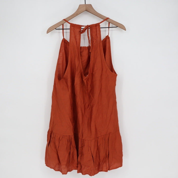 AOLRO Orange Crinkle Tiered Midi Dress Halter Neck Tie Back Size L