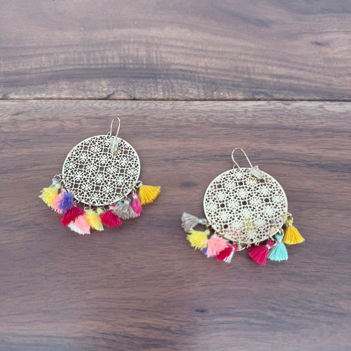 Boho Gold Tone Round Filigree Dangle Earrings Colorful Tassel Drop