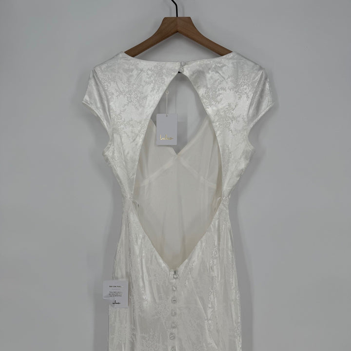 Lulus Loveliest Dream White Satin Jacquard Backless Mermaid Maxi Dress Size L