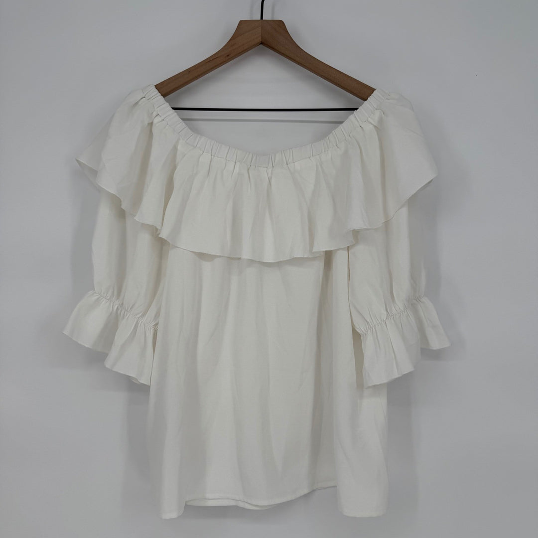 White Off Shoulder Ruffle Blouse Top 3/4 Sleeve Tie Neck Sheer Flowy Plus Size L