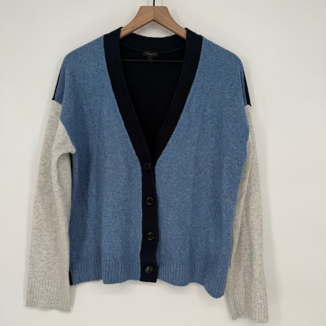 Talbots Color Block Cardigan Sweater Large Blue Gray Black Button Front Knit