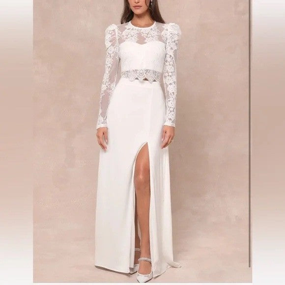 Lulus Heavenly Promise White Sheer Lace Tw0-Piece Maxi Dress Size S