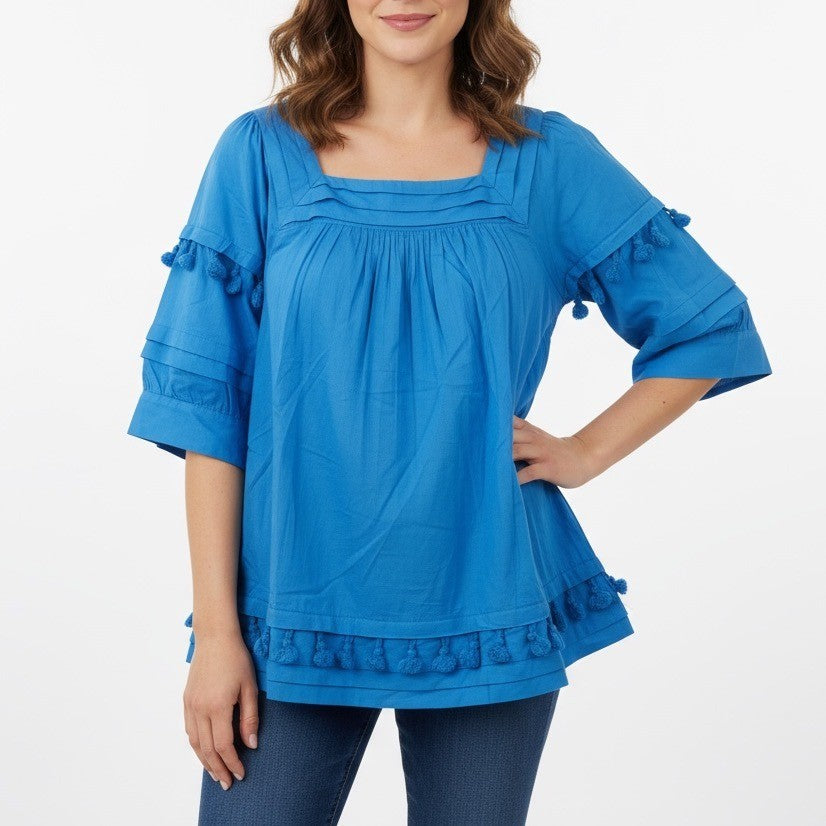 Chicos Blue Square Neck Pintuck Tassel Tunic Top Shirt Size 16