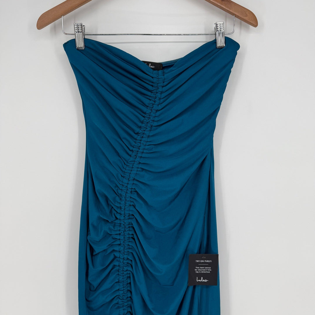 Lulus Eliska Teal Blue Slinky Drawstring Ruched Strapless Midi Dress Size S