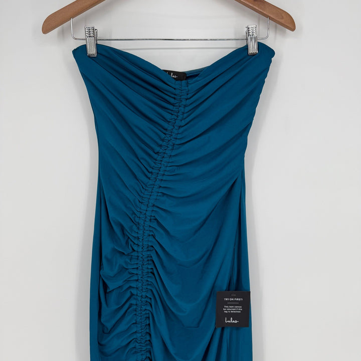 Lulus Eliska Teal Blue Slinky Drawstring Ruched Strapless Midi Dress Size S