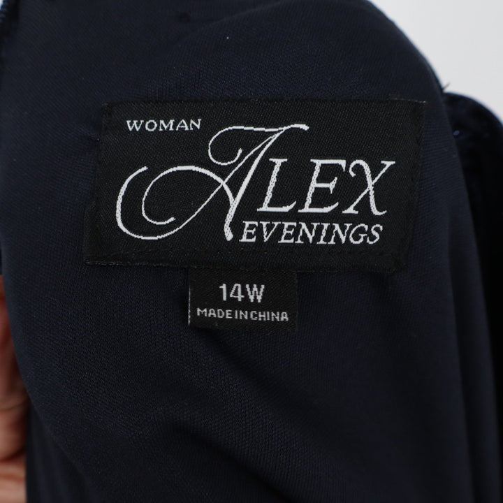 Alex Evenings Womens 14W Navy Blue Sparkle Ruched Gown Dress Formal Evening