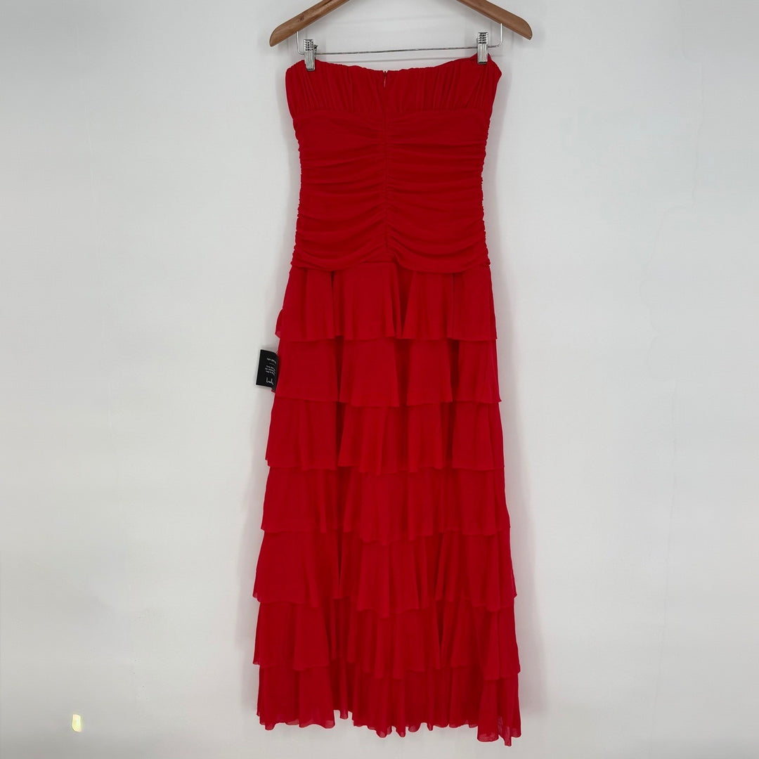 Lulus Exceptional Existence Red Mesh Ruched Tiered Maxi Dress