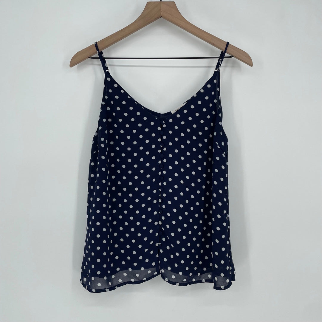 Sophie Rue Navy Polka Dot Spaghetti Strap V Neck Button Front Camisole Top M