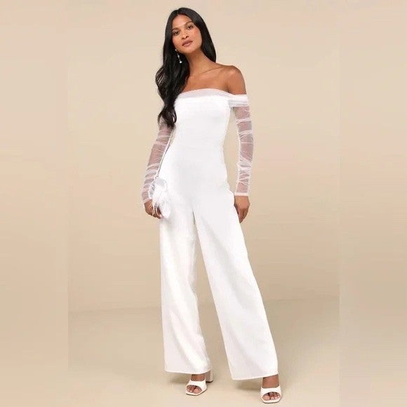 Lulus Eternal Bliss White Tulle Off-The-Shoulder Wide-Leg Jumpsuit Size L