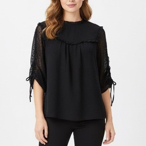 LOFT Black Ruffled Mock Neck Swiss Dot Blouse XXL