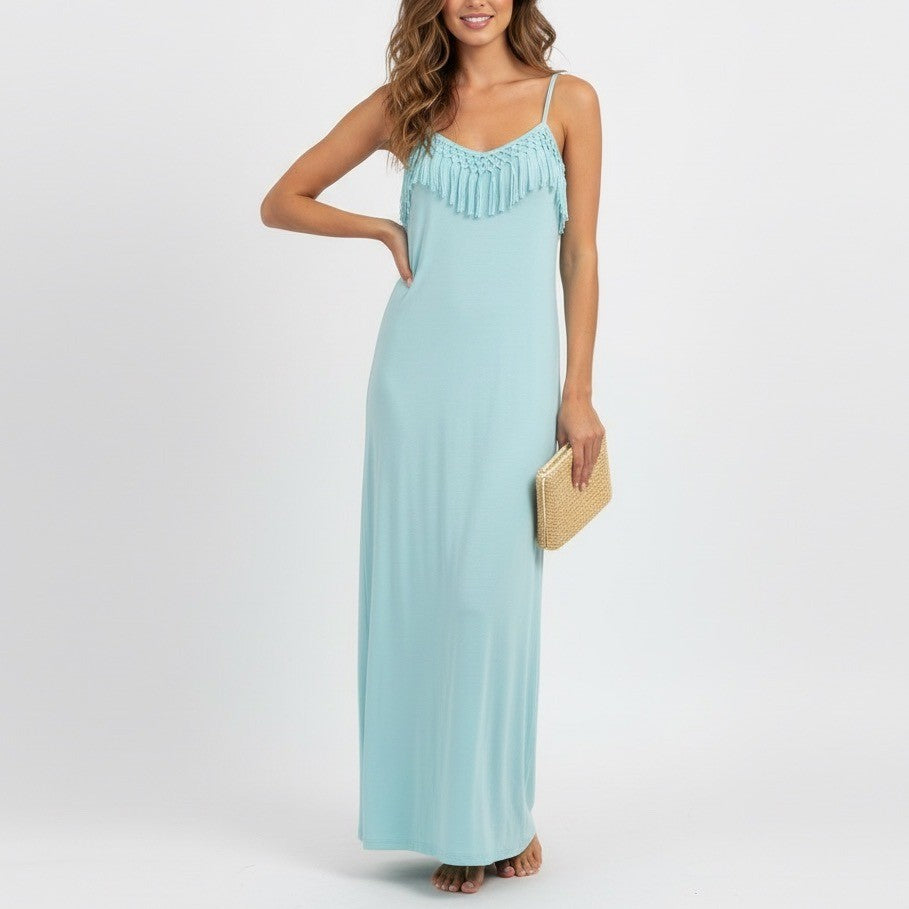 Bonsai California Maxi Dress Boho Fringe Spaghetti Strap Turquoise Blue Size L