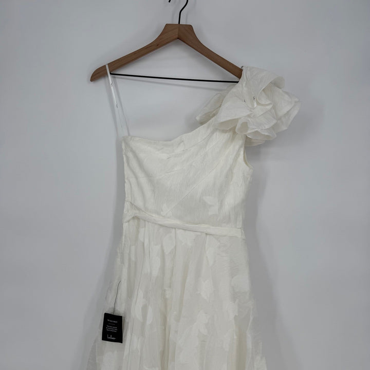 Lulus Sweet Definition White Burnout Ruffled One-Shoulder Midi Dress Size M
