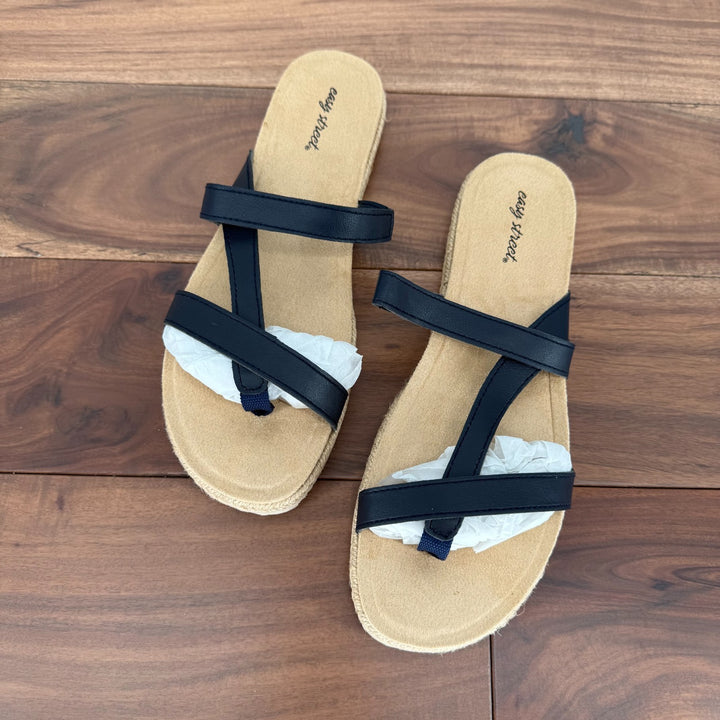 Easy Street Sandals Womens Size 9.5 N Navy Leather Song Slide Braided Slip On