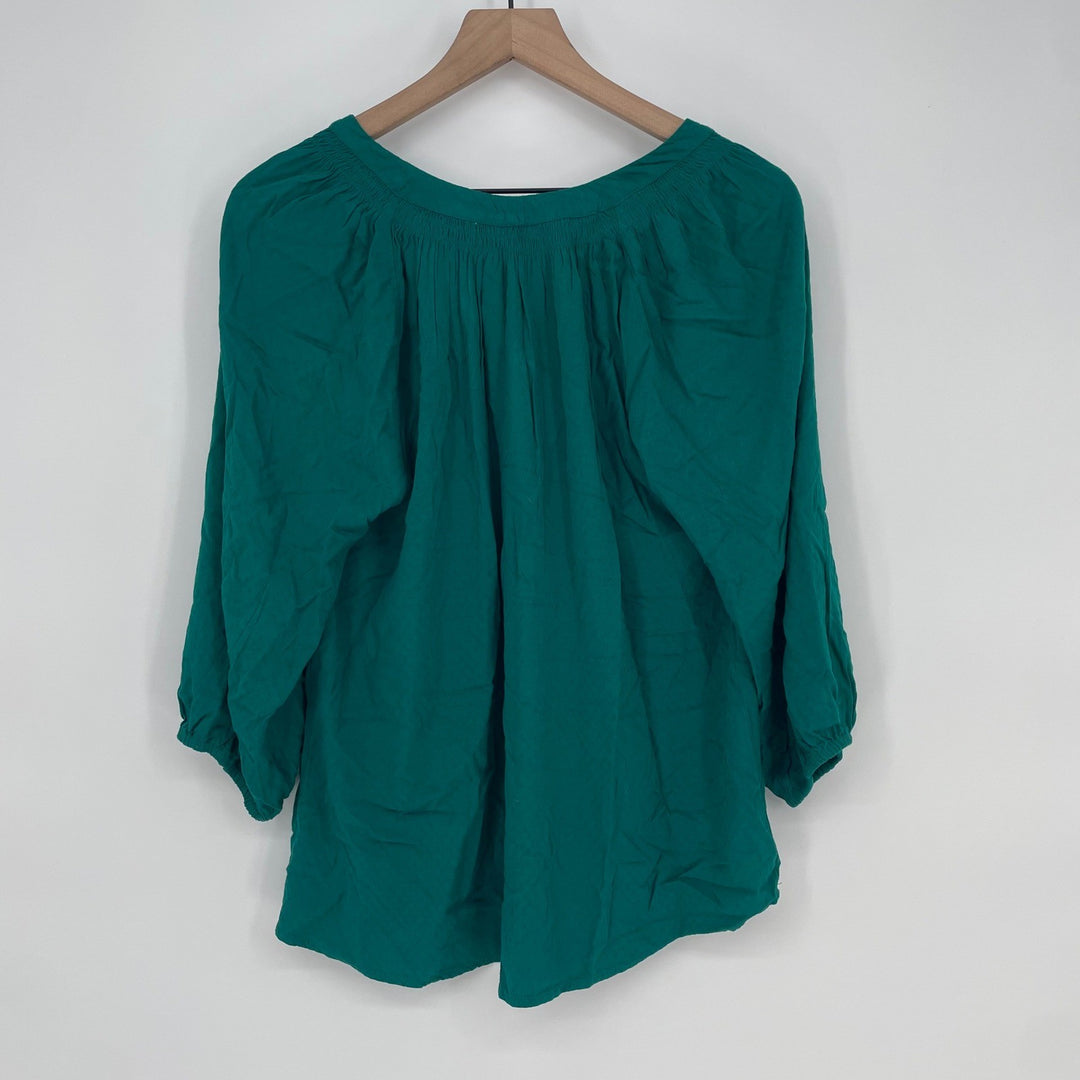 Crown Ivy Teal Green Textured Gathered Neck 3/4 Sleeve Blouse Top Size S
