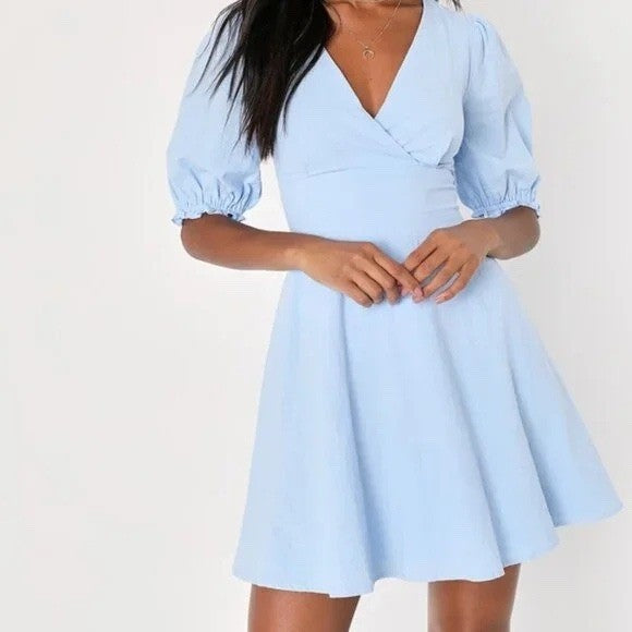 Lulus Dreaming Of Paris Blue Puff Sleeve Mini Dress With Pockets Size M