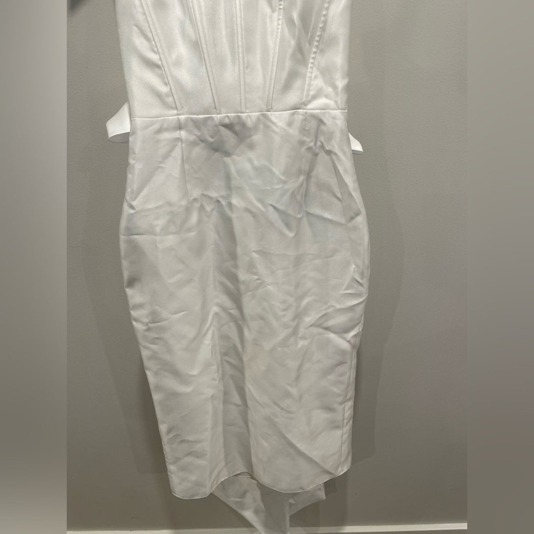 Alfred Sung Scoop Neck Corset Satin Midi Dress With Floor-Length Bow Size 0