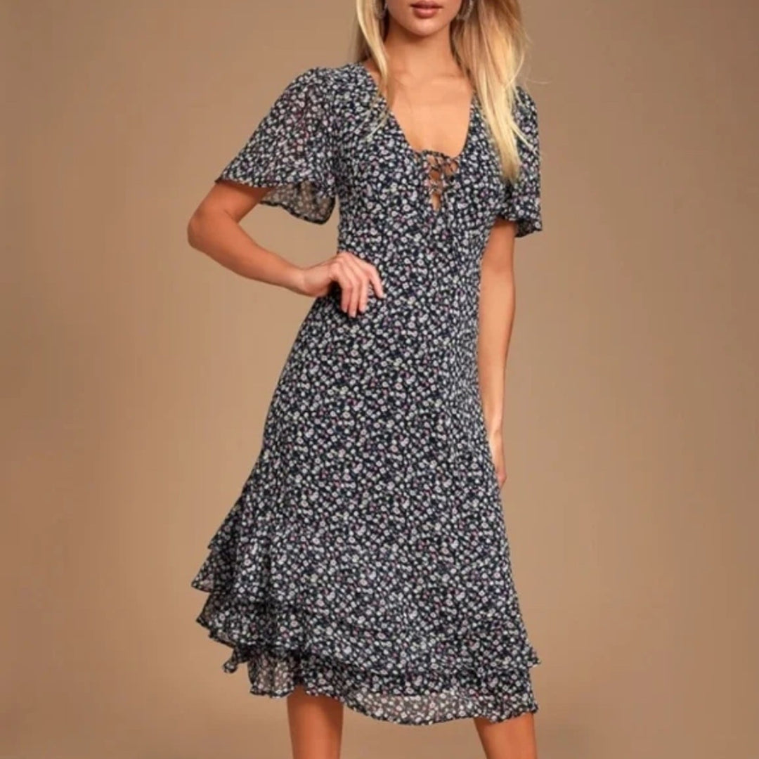 Lulus Renee Navy Blue Floral Print Ruffled Lace-Up Midi Dress Size XS