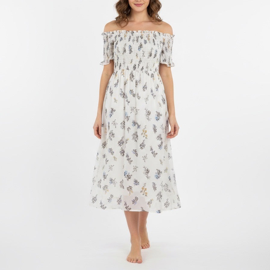 AQUA Smocked Off Shoulder Floral Midi Dress White Blue Yellow Size S